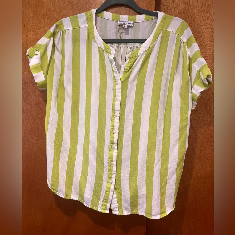 NWOT Sage and Fig Green and White Striped Button-Up Shirt
